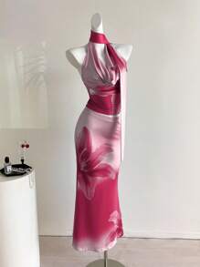 Elamini 女式夏威夷花卉印花短款上衣和低腰紧身裙，春夏 - 粉色 - 查看 6