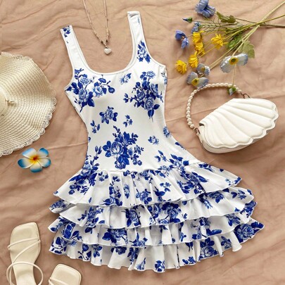 우아한 보헤미안 열대 플로럴 프린트 러플 백리스 대비 컬러 니트 미니 드레스, 학교 복귀, 휴가, 해변 웨딩 게스트, 졸업 브런치, 세인트 패트릭 데이, 봄방학, 부활절, 음악 축제에 적합