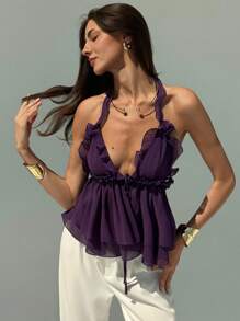 Aloruh Camiseta de escote halter y espalda descubierta de unicolor sexy para mujer, de verano - Morado - Ver 3