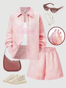 SHEIN Tween Girls Textured Shirt & Graphic Letter Print Tank Top With Shorts Set - Pink - View 3