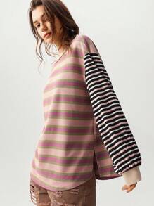 Bohemela Plus Size Contrast Color Stripe Patchwork Drop Shoulder Loose Sweatshirt,Fall Clothes For Women Winter Autumn - Multicolor - View 7