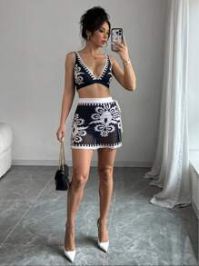 Selianne 4 件套夏季时尚流行年轻女士高端分体泳衣套装，包含沙滩罩衫和裤子 - 黑色 - 查看 3