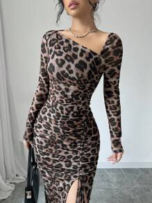 Rafferiza Đầm Maxi Lưới Ôm Sát Tay Dài Cổ Bất Đối Xứng Thanh Lịch Cho Nữ, Đầm Maxi Lưới In Họa Tiết Da Báo, Đầm Xòe, Váy In Họa Tiết Da Báo - màu đen - Xem 3