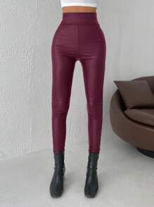 EURMUSE Solid High Waist PU Leather Leggings - Burgundy - View 4