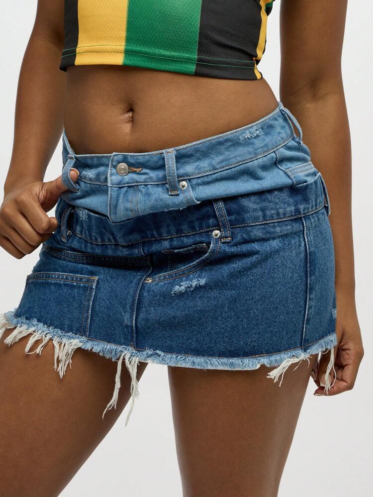 SUMWON WOMEN Deconstructed Layered Denim Mini Skirt With Raw Hem