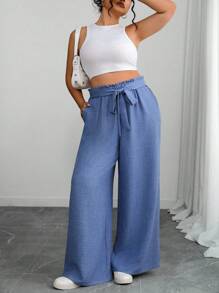 SHEIN PETITE 大码纯色休闲阔腿裤 - 藍色 - 查看 5