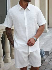 Manfinity Homme 大码男士纯色短袖衬衫和短裤套装