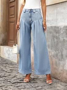EMERY ROSE 女式口袋褶皱阔腿宽松休闲百搭牛仔裤 - 藍色 - 查看 3