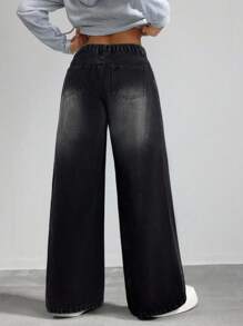 SHEIN Tall Quần Jeans Ống Rộng Cạp Thấp Có Túi Cho Nữ, Kiểu Dáng Thoải Mái Thường Ngày, Đa Năng - Màu xám đen - Xem 3
