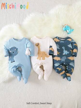 3pcs/Set Blue White Navy Baby Romper Newborn Baby Dinosaur Printed Romper & Jumpsuit Set, Comfortable Casual Outfits For Home & Outdoor Wear, All Seasons 0-9M Baby Clothes Unisex Newborn Clothes Newborn Pajamas Baby Dinosaur Pajamas Dinosaur Baby Clothes Fall Winter