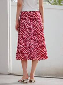 SHEIN Unity Women's Summer Ditsy Floral A-Line Skirt Modest Vacation Fall - Red - View 2