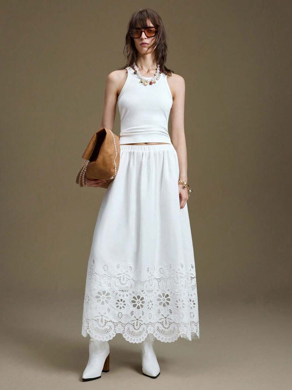 White,Autumn,Elegant,Tea Party,Holiday Women's Elastic Waist Embroidered A-Line Skirt,Wedding Guest,Church Attire,Business Casual,Night Out Wear