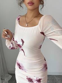 Modelyn 女士花卉印花优雅方领系腰中长连衣裙女式长款晚礼服 - 杏色 - 查看 5