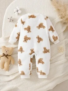 SHEIN Bộ đồ liền thân in hình gấu vải nỉ giản dị cho bé gái, mùa thu/đông - trắng - Xem 2