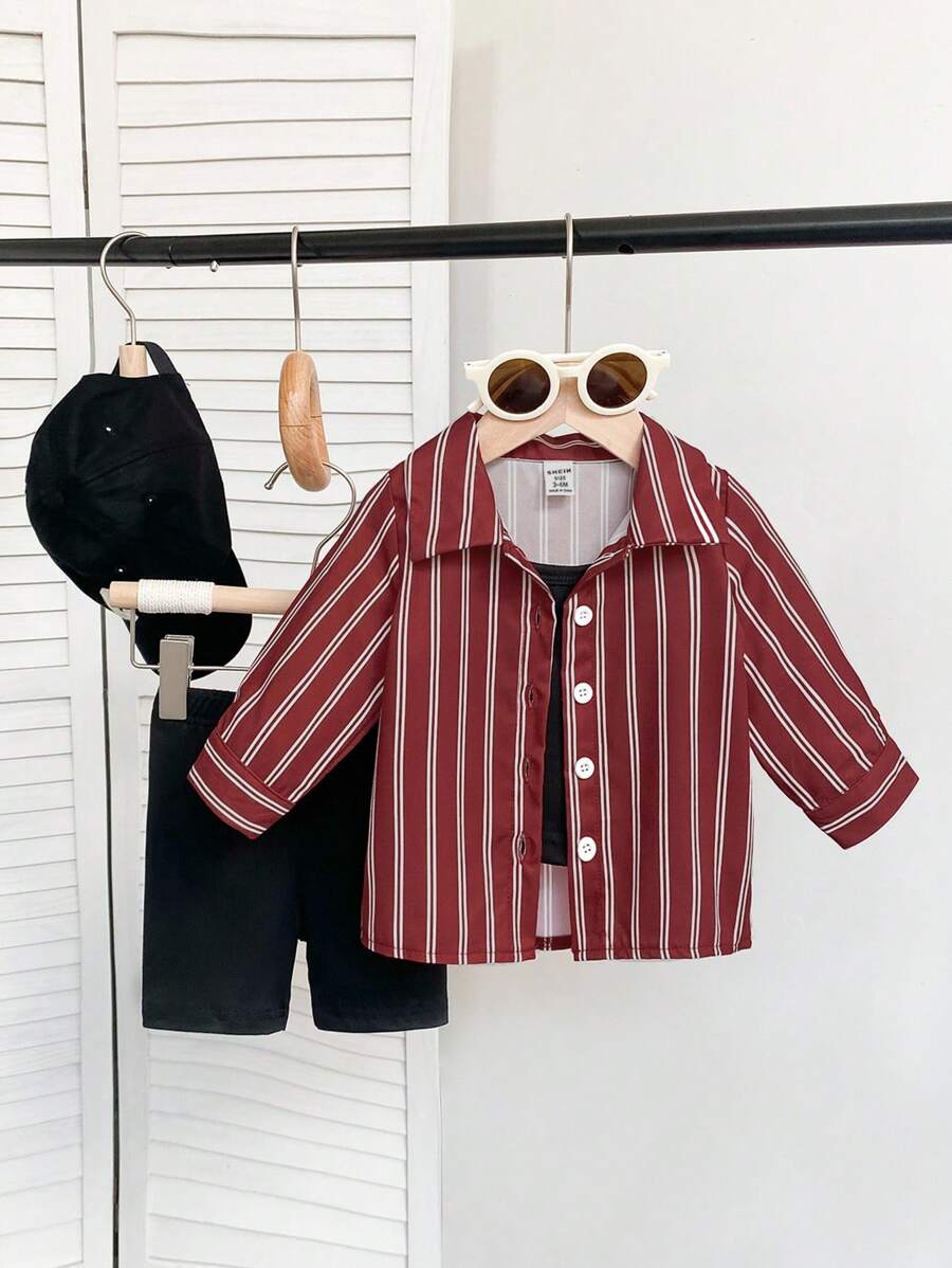 SHEIN 3 件套女婴休闲条纹长袖防晒领衬衫、柔软亲肤黑色吊带背心和紧身短裤套装,适合上学、日常穿着和运动 - 酒紅色 - 查看 1