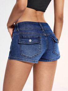 SHEIN ICON 大码女式夏季中长弹力修身牛仔短裤 - 深色水洗藍 - 查看 2