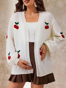 Boho Mama Autumn And Winter BOHO Pregnant Women's Cherry Print Loose Drop Shoulder Cardigan