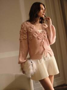 MOTF PREMIUM WOMEN DELICATE ROMANTIC ELEGANT 3D FLOWER KNITTED CARDIGAN - Pink - View 8