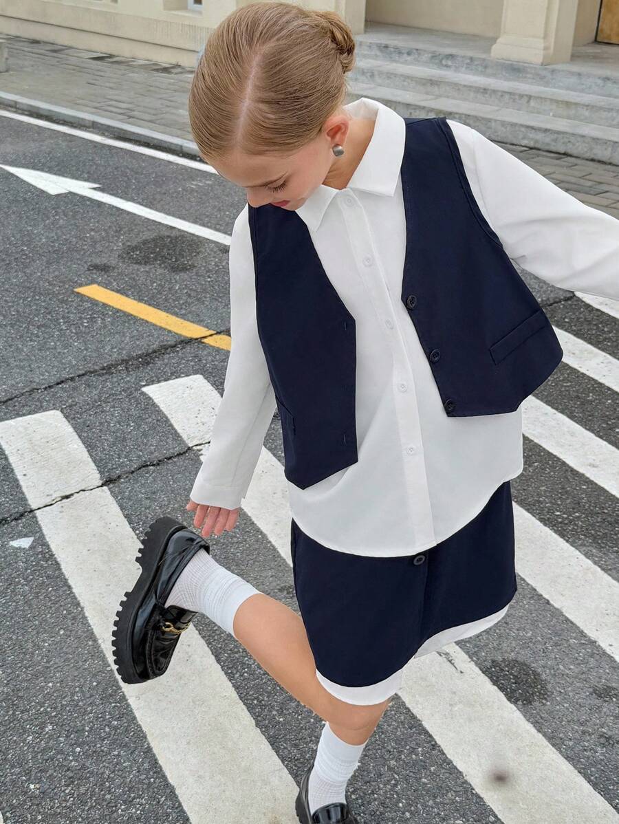 青少年女孩纯色单排扣背心、长袖衬衫和中长裙休闲装 - 藏蓝色 - 查看 1