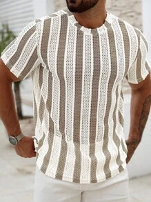 Manfinity Homme 男士夏季条纹圆领短袖休闲镂空T恤男夏上衣男针织上衣男蕾丝网纱衬衫网眼男上衣男钩针上衣
