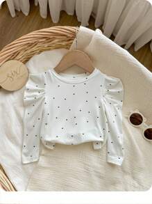 嬰兒女孩休閒彈性圓點圖案肥袖長袖上衣，可愛多變