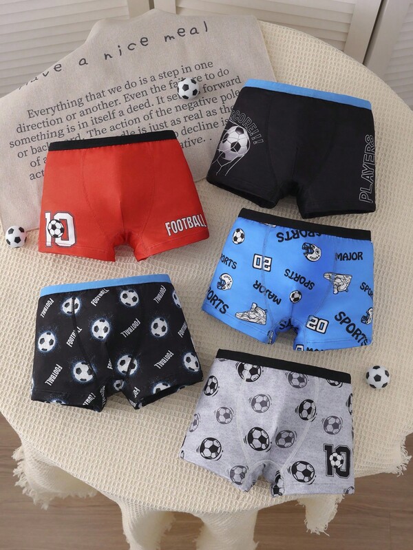 5pcs/Pack Boys' Breathable Soccer Graphic Briefs
