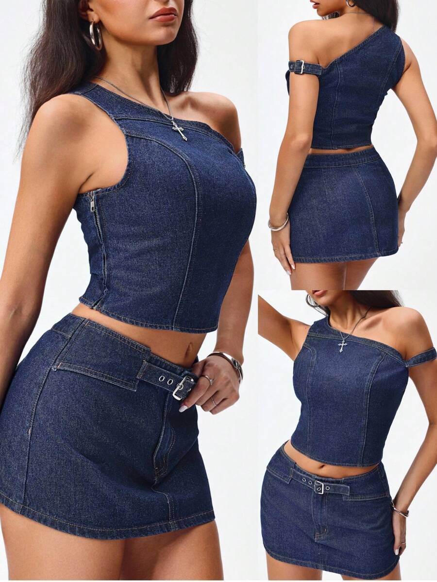 Jeanoix 女士不对称肩部短款牛仔上衣 - 深色水洗藍 - 查看 1