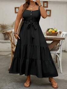 Breezaya Plus Size Women Casual Denim-Look Adjustable Strap Decor Button Dress - Black - View 3