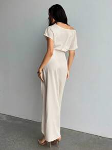 Aloruh Women's Spring/Summer Wrap Draped Neck Ruched Long Dress, Suitable For Commuting, Casual, And Outgoing - Apricot - View 2