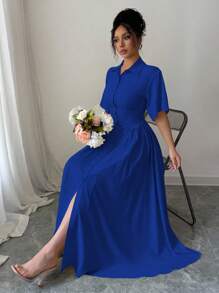Elenzga Vestido amarillo con diseño de botones monocillo y corte evasé - azul real - Ver 6