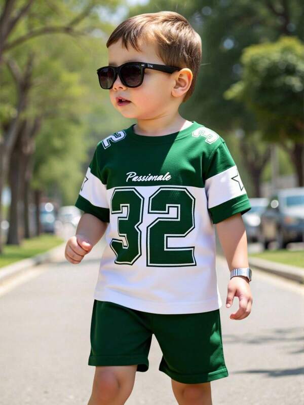 Young Boy 2-Piece Casual Sporty Letter & Number 32 Print Contrast Color Short Sleeve Round Neck T-Shirt And Shorts Set, Suitable For Sports And Daily Wear, Summer
