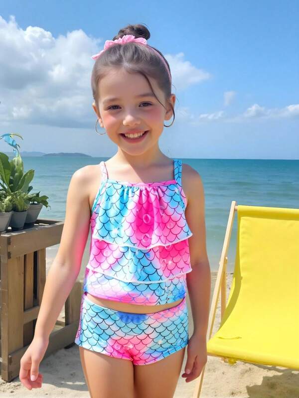 2pcs Girls Mermaid Scale Print Swimsuit Set, Includes Ruffle Shoulder Strap Swimsuit Top And Mermaid Scale Print Bikini Bottom, Suitable For Beach Holiday In Summer