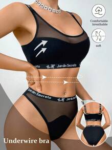 SHEIN 2件套女士字母印花网眼蕾丝无钢圈文胸套装 - 黑色 - 查看 3