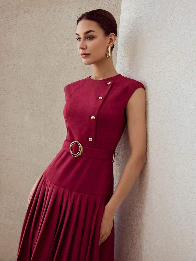 SUEDETTE PLEATED HEM BELTED DRESS