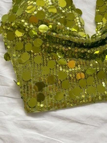 Soleia Áo crop top buộc cổ màu xanh lá cây lấp lánh mới, phù hợp mặc thường ngày, dạo phố, nghỉ dưỡng, tiệc tùng, thu đông - màu xanh lá - Xem 5