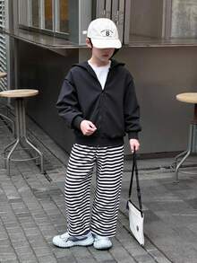 2pcs/Set Boys' Striped Jacket And Pants Set, Long Sleeve Solid Color Zip-Up Jacket And Striped Trousers, Comfortable Casual Outfit - Black - View 1