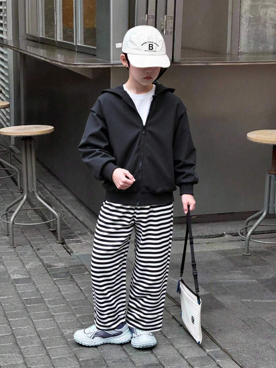 2pcs/Set Boys' Striped Jacket And Pants Set, Long Sleeve Solid Color Zip-Up Jacket And Striped Trousers, Comfortable Casual Outfit - Black - View 1