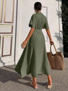 EURMUSE 荷叶边袖圆领纽扣连衣长裙（配贝壳腰带） - 軍綠色 - 查看 2