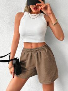 EURMUSE 女士纯色松紧腰口袋休闲宽松短裤 - 摩卡棕 - 查看 5