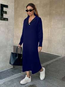 EURMUSE Women's Knitwear Dress With Polo Neck,Petite - Navy Blue - View 3