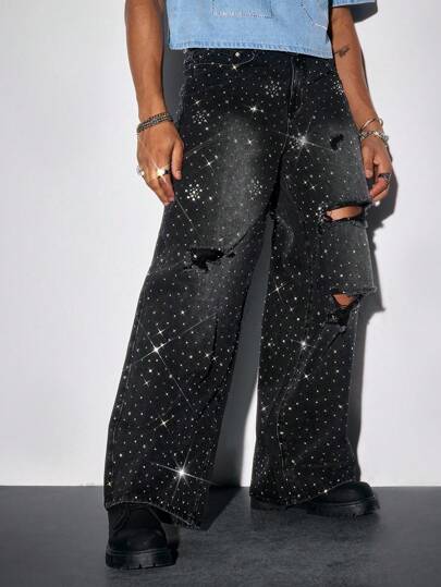 Grunge Punk Street Life Men's Casual Washed Rhinestone Ripped Straight Leg Jeans