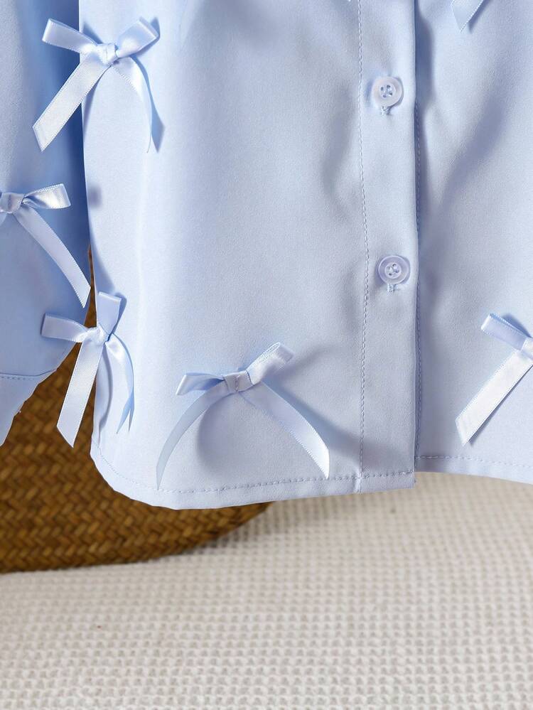 Young Girl Plain Color Bow Decor Front Button Long Sleeve Casual Blouse Light Blue Bow Shirt - Blue - View 7