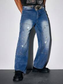 ROMWE MEN Street Life Men's Rhinestone Decorated Pocket Casual Fashion Wide-Leg Jeans - Blue - View 1
