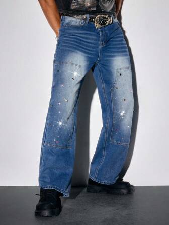 Street Life Herren Jeans mit weitem Bein, lässige Mode mit Strass-Verzierung an der Tasche