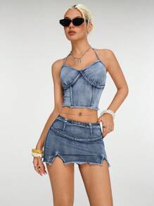 Jeanoix Top in denim con schiena scoperta e collo a canotta per le donne - Blu lavato medio - Visualizzare 6