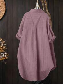 Linhara Kemeja Panjang Wanita Ukuran Besar Musim Semi/Gugur Kasual Motif Garis-garis Patchwork Saku Hem Melengkung untuk Wanita - Dusty Pink - View 2
