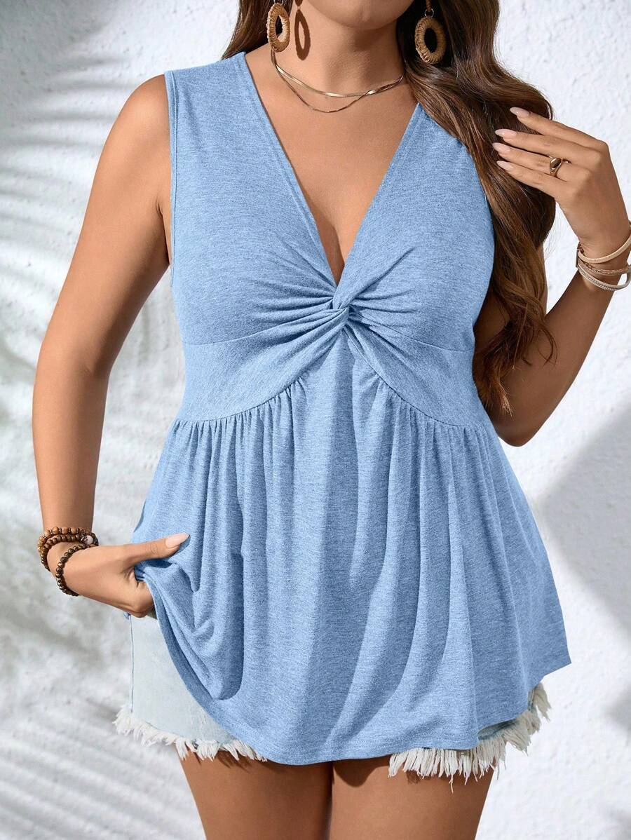 EMERY ROSE 大码女式 X 设计深 V 领休闲夏季扭纹褶饰前部无袖背心 - 淺藍色 - 查看 1