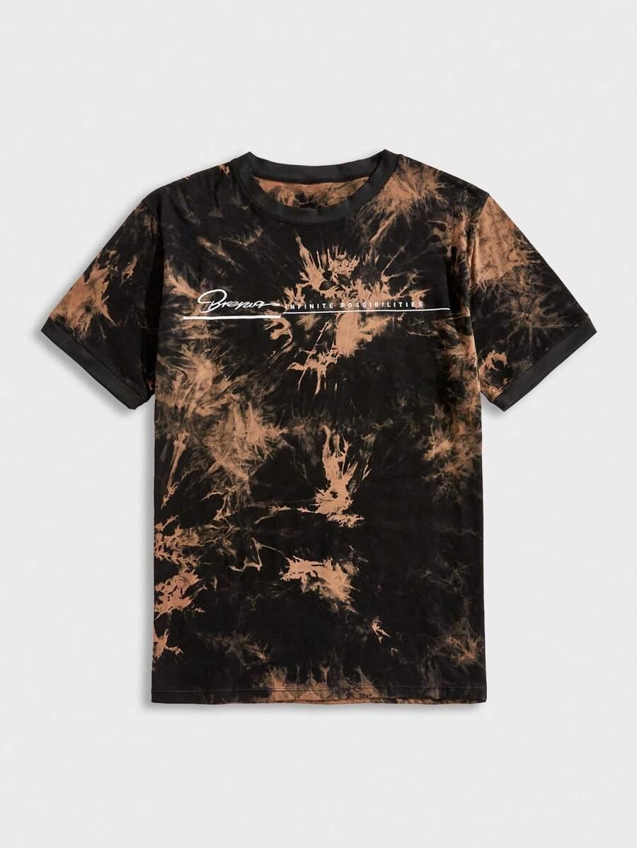 Manfinity VCAY Tie-Dye & Letter Print Round Neck Casual Short Sleeve T-Shirt, Summer - Black - View 1