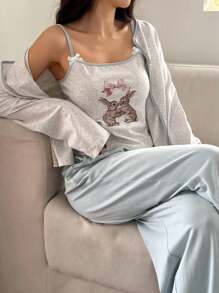 DAZY Set de pijama de 3 piezas para mujer con camiseta de tirantes con estampado de conejo de colores contrastantes, cárdigan y pantalones de unicolor