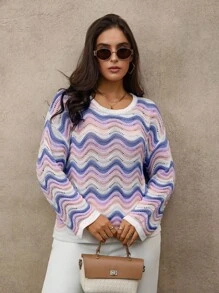Juhart Plus Size Women Casual Wave Pattern Drop Shoulder Loose Hollow Out Knit Sweater, Autumn Knit Pullover Fall Winter - Purple - View 1